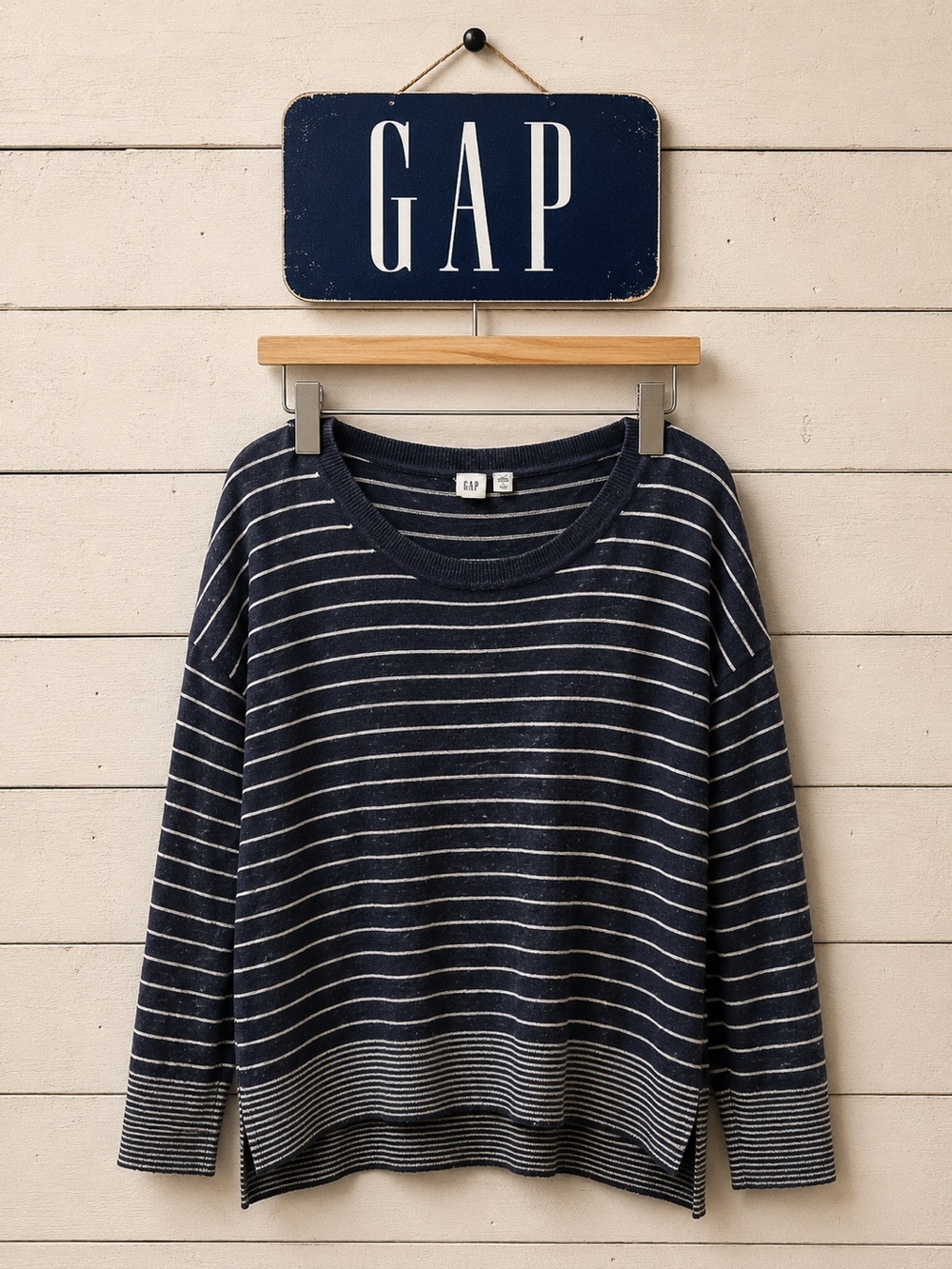 GAP Navy Blue and White Striped Sweater - Size L Petite